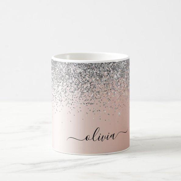 Rose Gold - Blush Pink Glitter Silver Monogram Coffee Mug