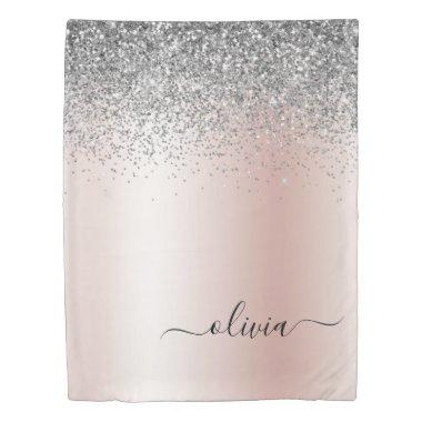 Rose Gold - Blush Pink Glitter Silver Monogram Duvet Cover