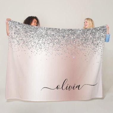 Rose Gold - Blush Pink Glitter Silver Monogram Fleece Blanket