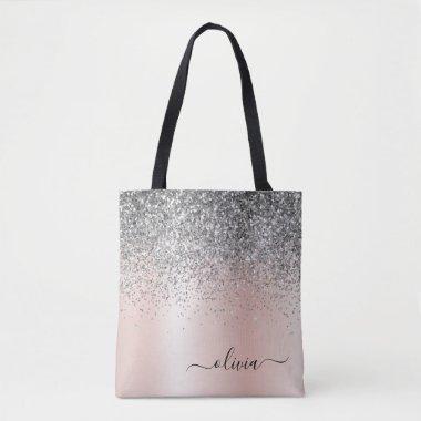 Rose Gold - Blush Pink Glitter Silver Monogram Tote Bag
