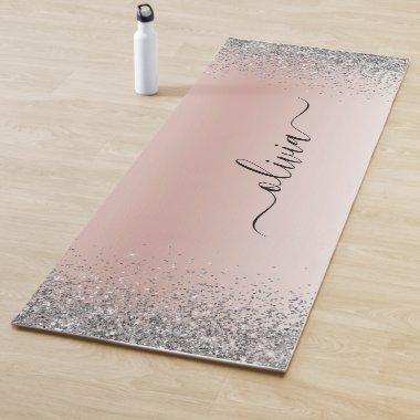 Rose Gold - Blush Pink Glitter Silver Monogram Yoga Mat
