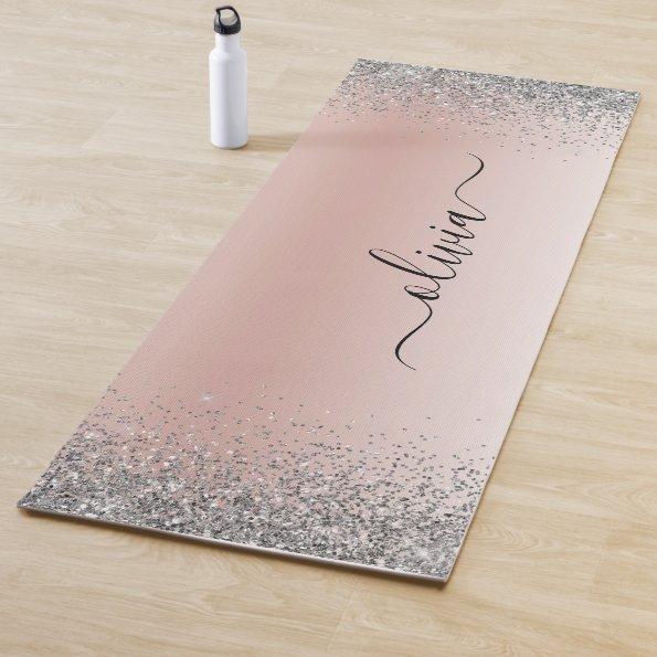Rose Gold - Blush Pink Glitter Silver Monogram Yoga Mat