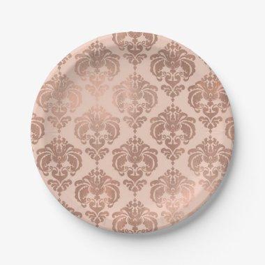 Rose Gold Blush Pink Modern Glam Damask Paper Plates