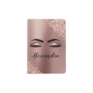 Rose Gold Blush Pink Monogram Glitter Eyelashes Passport Holder