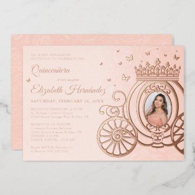 Rose Gold Blush Pink Quinceanera Princess Photo Foil Invitations