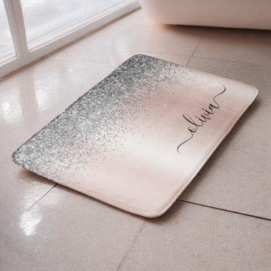 Rose Gold - Blush Pink Silver Glitter Monogram Bath Mat
