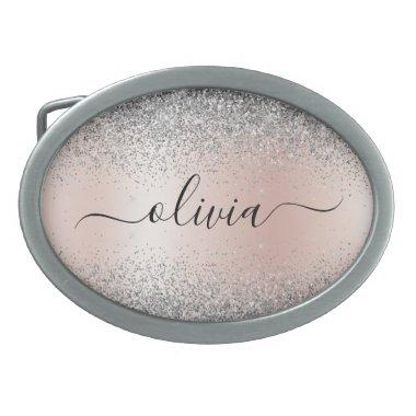 Rose Gold - Blush Pink Silver Glitter Monogram Belt Buckle
