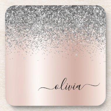 Rose Gold - Blush Pink Silver Glitter Monogram Beverage Coaster