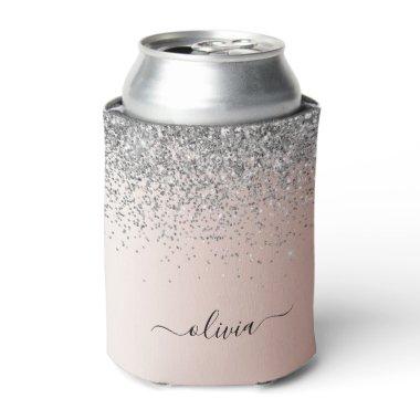 Rose Gold - Blush Pink Silver Glitter Monogram Can Cooler