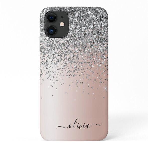 Rose Gold - Blush Pink Silver Glitter Monogram iPhone 11 Case