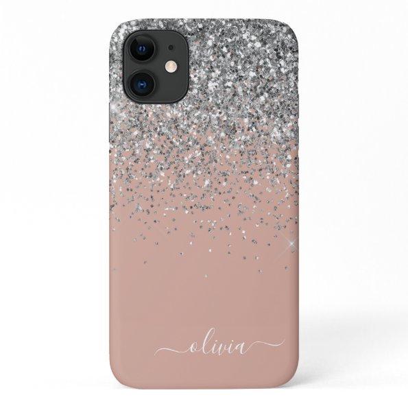Rose Gold Blush Pink Silver Glitter Monogram iPhone 11 Case