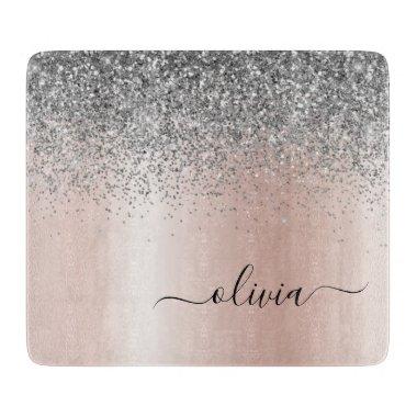 Rose Gold - Blush Pink Silver Glitter Monogram Cutting Board