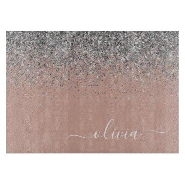 Rose Gold Blush Pink Silver Glitter Monogram Cutting Board