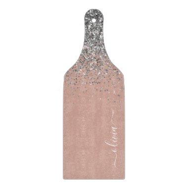Rose Gold Blush Pink Silver Glitter Monogram Cutting Board