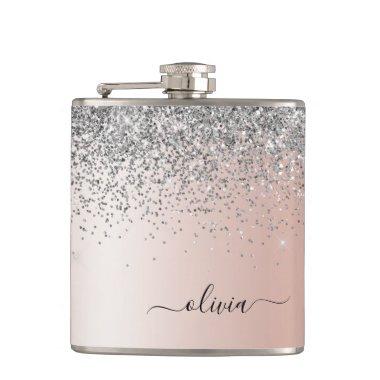 Rose Gold - Blush Pink Silver Glitter Monogram Flask