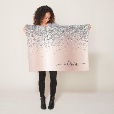 Rose Gold - Blush Pink Silver Glitter Monogram Fleece Blanket