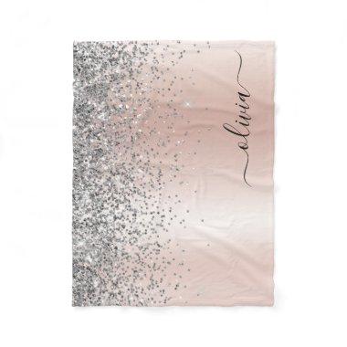 Rose Gold - Blush Pink Silver Glitter Monogram Fleece Blanket