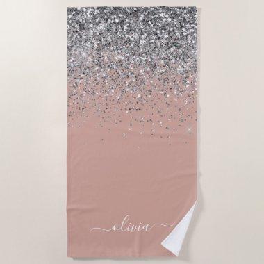 Rose Gold Blush Pink Silver Glitter Monogram Girly Beach Towel