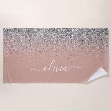 Rose Gold Blush Pink Silver Glitter Monogram Girly Beach Towel