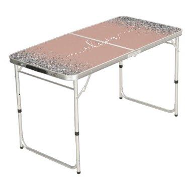 Rose Gold Blush Pink Silver Glitter Monogram Girly Beer Pong Table