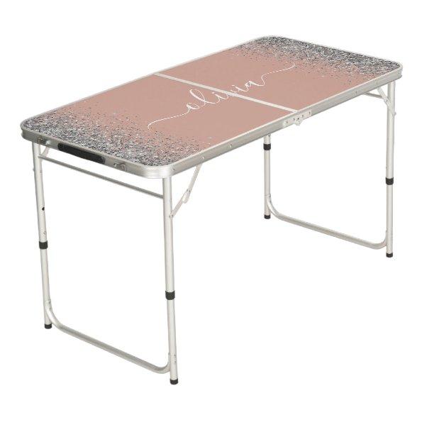 Rose Gold Blush Pink Silver Glitter Monogram Girly Beer Pong Table