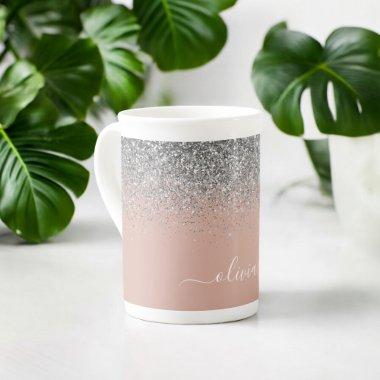 Rose Gold Blush Pink Silver Glitter Monogram Girly Bone China Mug
