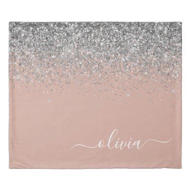 Rose Gold Blush Pink Silver Glitter Monogram Girly Duvet Cover