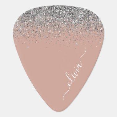 Rose Gold Blush Pink Silver Glitter Monogram Girly Guitar Pick
