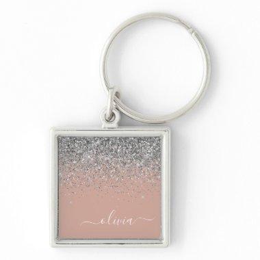 Rose Gold Blush Pink Silver Glitter Monogram Girly Keychain