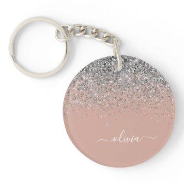 Rose Gold Blush Pink Silver Glitter Monogram Girly Keychain