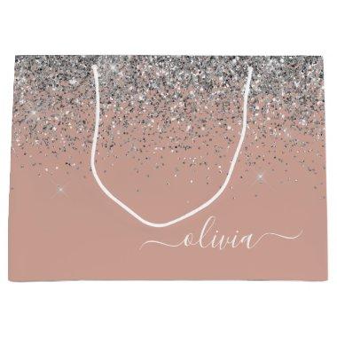 Rose Gold Blush Pink Silver Glitter Monogram Girly Large Gift Bag