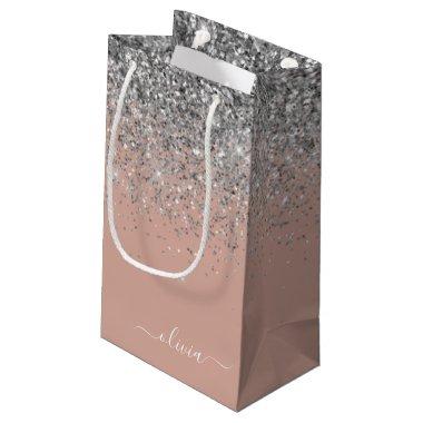 Rose Gold Blush Pink Silver Glitter Monogram Girly Small Gift Bag