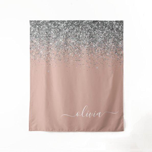 Rose Gold Blush Pink Silver Glitter Monogram Girly Tapestry