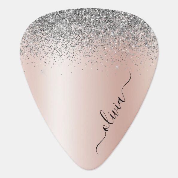 Rose Gold - Blush Pink Silver Glitter Monogram Guitar Pick