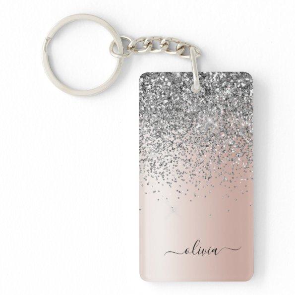 Rose Gold - Blush Pink Silver Glitter Monogram Keychain