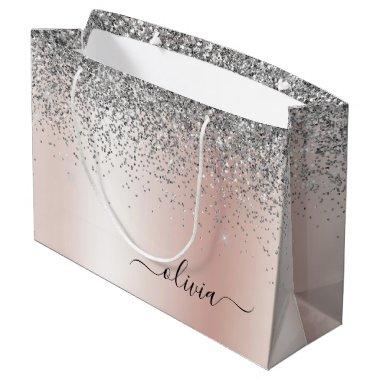 Rose Gold - Blush Pink Silver Glitter Monogram Large Gift Bag