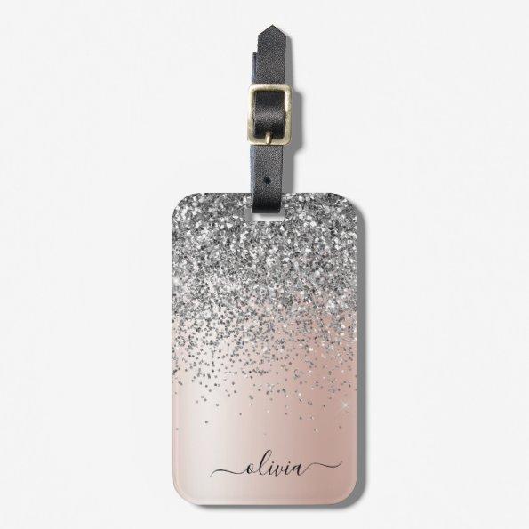 Rose Gold - Blush Pink Silver Glitter Monogram Luggage Tag