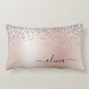 Rose Gold - Blush Pink Silver Glitter Monogram Lumbar Pillow
