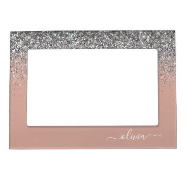Rose Gold Blush Pink Silver Glitter Monogram Magnetic Frame