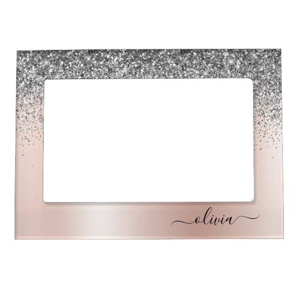 Rose Gold - Blush Pink Silver Glitter Monogram Magnetic Frame