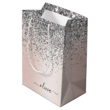 Rose Gold - Blush Pink Silver Glitter Monogram Medium Gift Bag