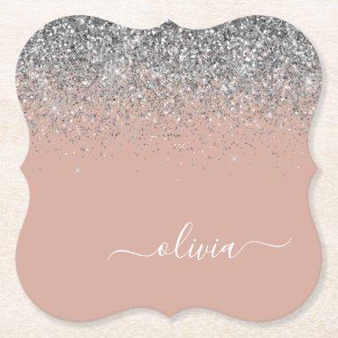 Rose Gold Blush Pink Silver Glitter Monogram Paper Coaster