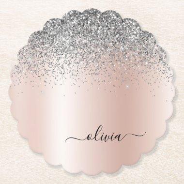 Rose Gold - Blush Pink Silver Glitter Monogram Paper Coaster