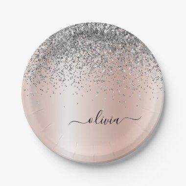 Rose Gold - Blush Pink Silver Glitter Monogram Paper Plates