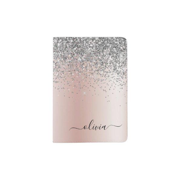 Rose Gold - Blush Pink Silver Glitter Monogram Passport Holder