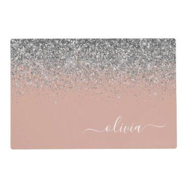 Rose Gold Blush Pink Silver Glitter Monogram Placemat