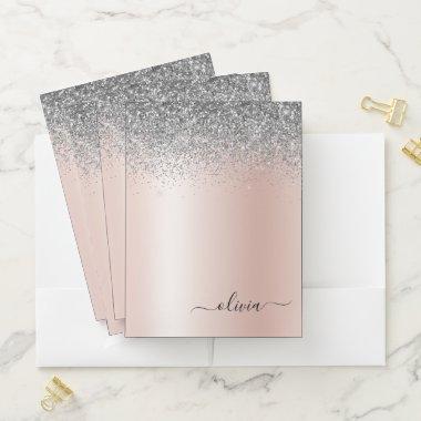 Rose Gold - Blush Pink Silver Glitter Monogram Pocket Folder