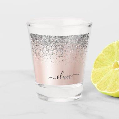 Rose Gold - Blush Pink Silver Glitter Monogram Shot Glass