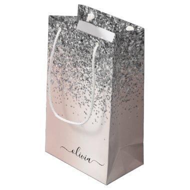Rose Gold - Blush Pink Silver Glitter Monogram Small Gift Bag