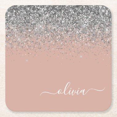 Rose Gold Blush Pink Silver Glitter Monogram Square Paper Coaster